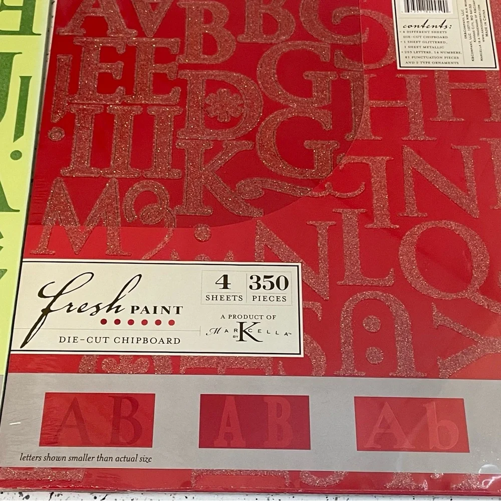 Fresh Paint Chipboard Letters Set Emerald & Scarlet Glitter 4 Sheets 350 Pcs New